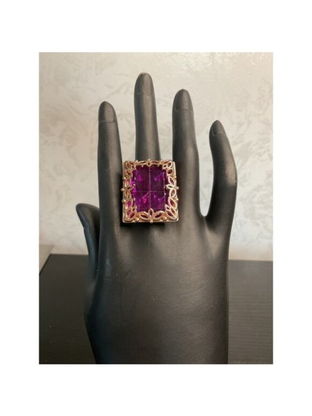 Rose Gold Amethyst Cocktail Ring Statement Ornate Emerald Cut Boho Old Bling Old